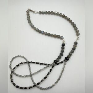 ~28" All Labradorite and larvikite beaded necklace w/ sterling silver hardware!